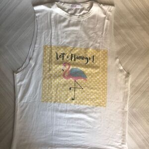 Wink Let’s Flamingo Loose Fitting  White Tank Top